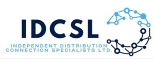 Logo of IDCSL, Independent Distribution Connection Specialists Ltd., featuring the company name in blue font to the left with an abstract network design in blue and grey forming a circle on the right.